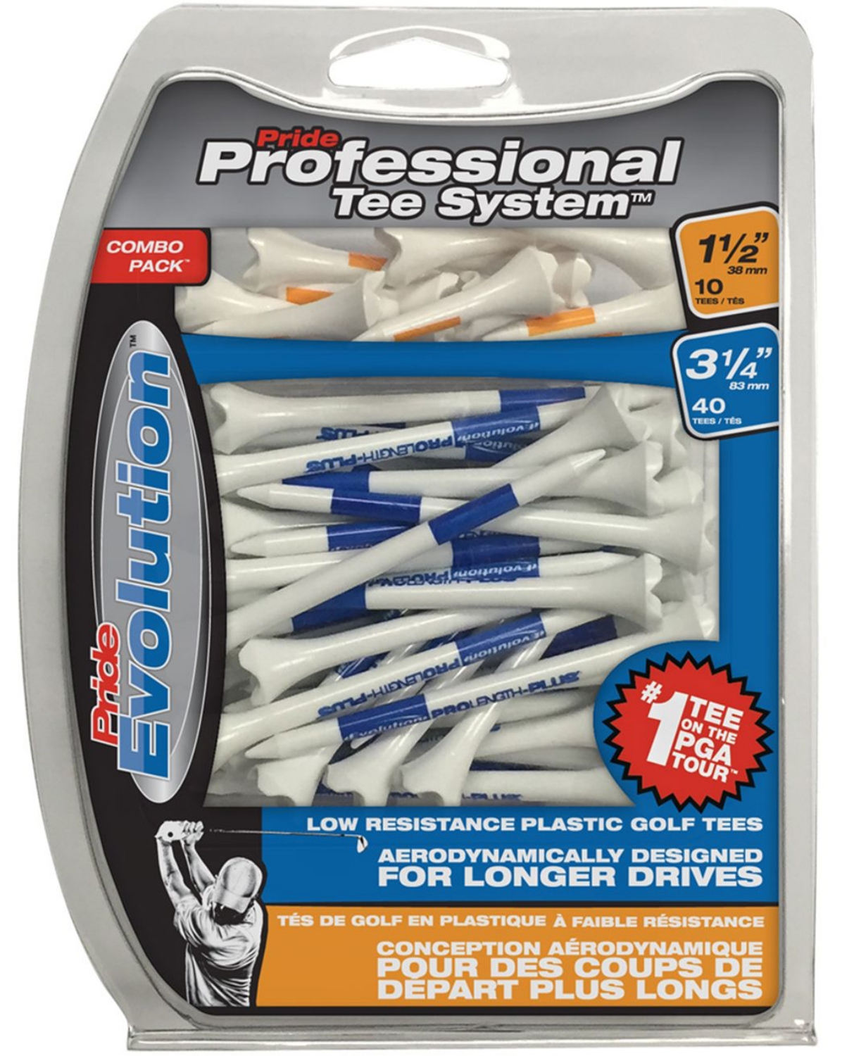 Pride Performance 50 Count Plastic Golf Tees 1 ½ & 3 ¼ Inch (Pack of 6